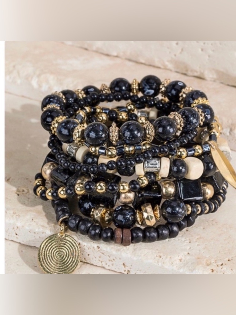 New Boho Multi Strand Wood, Metal And Glass Beaded Stretch Bracelet Set